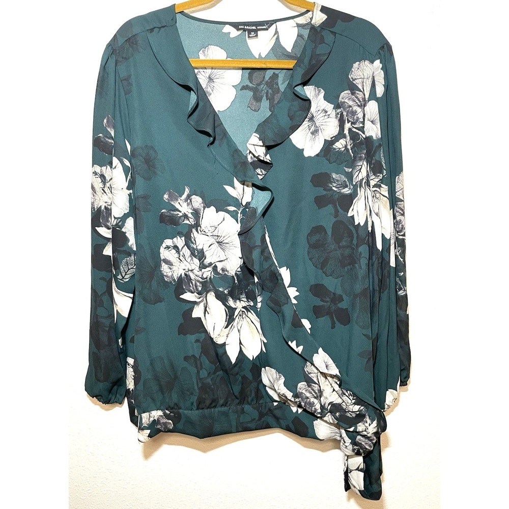 Zac & Rachel Women Blouse Floral Ruffle Wrap Tie Hem 3X‎ Green
